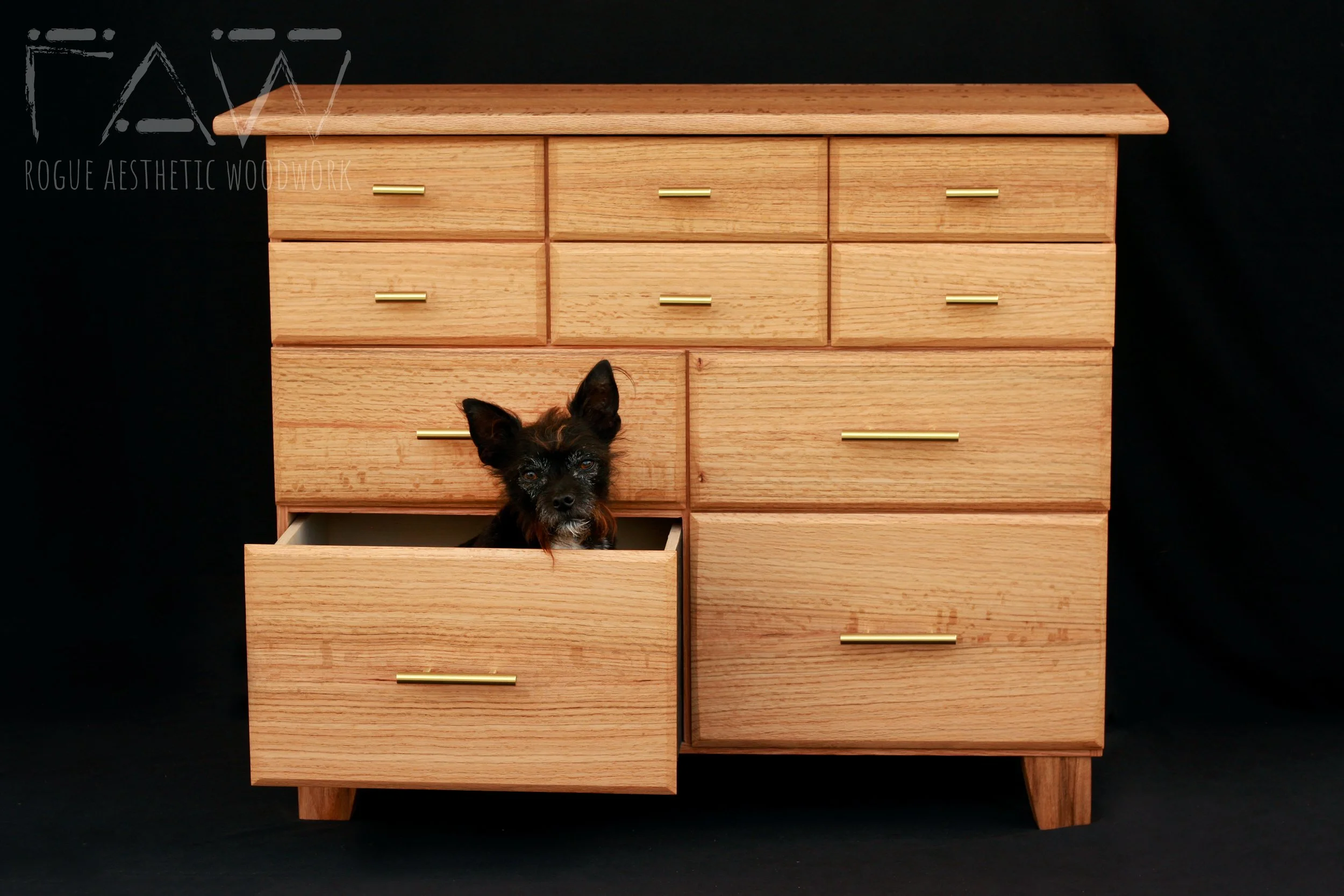 bespoke quarter sawn solid bookmatched natural finish oak dresser designed and built by Rogue Aesthetic Woodwork