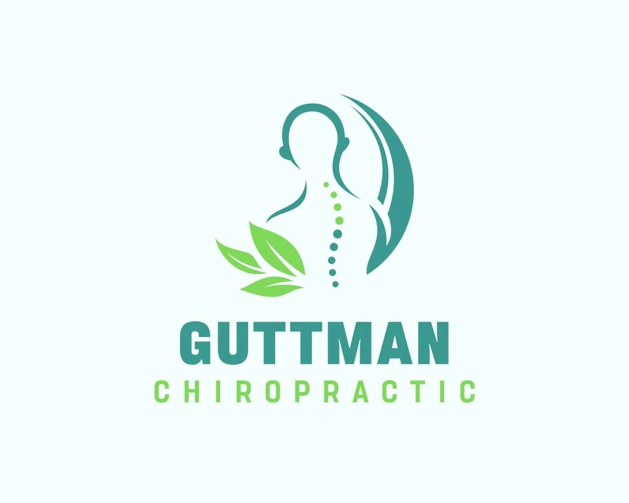 Logo for Guttman Chiropractic featuring a stylized human back with a spine made of dots, representing vertebrae, surrounded by leaves showing nature and natural healing, and a crescent shape resembling a spine.