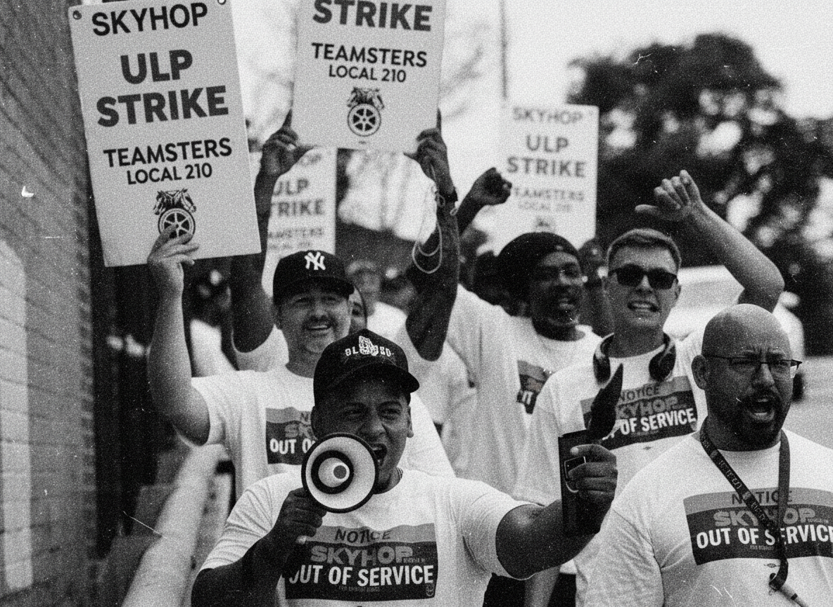 Protesters holding signs that say 'Skyhop ULP Strike, Teamsters Local 210,' some wearing 'Out of Service' shirts, one with a megaphone, and others raising fists in the air.