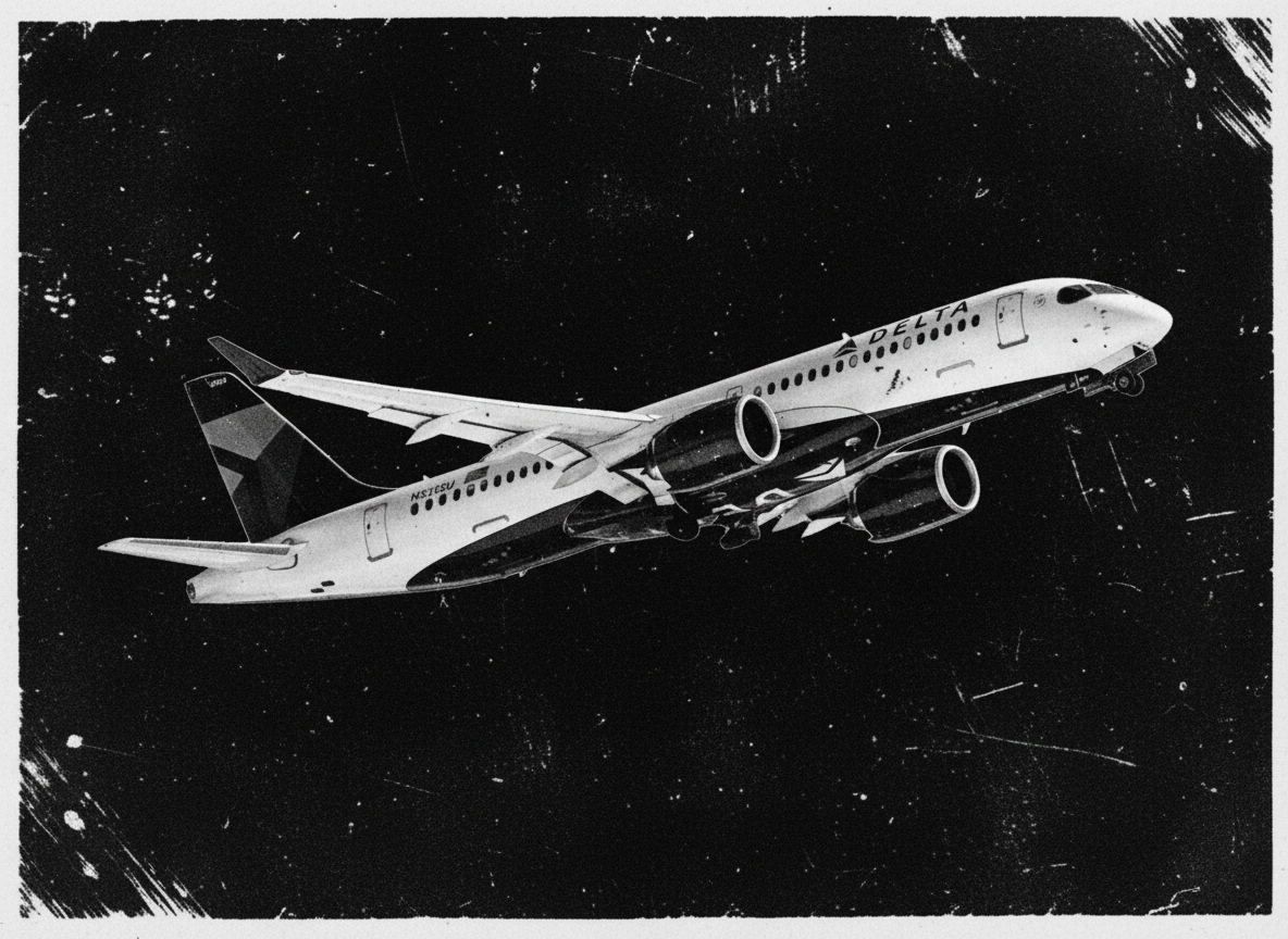 Black-and-white image of a Delta Airlines commercial airplane in flight against a dark sky with scattered marks.