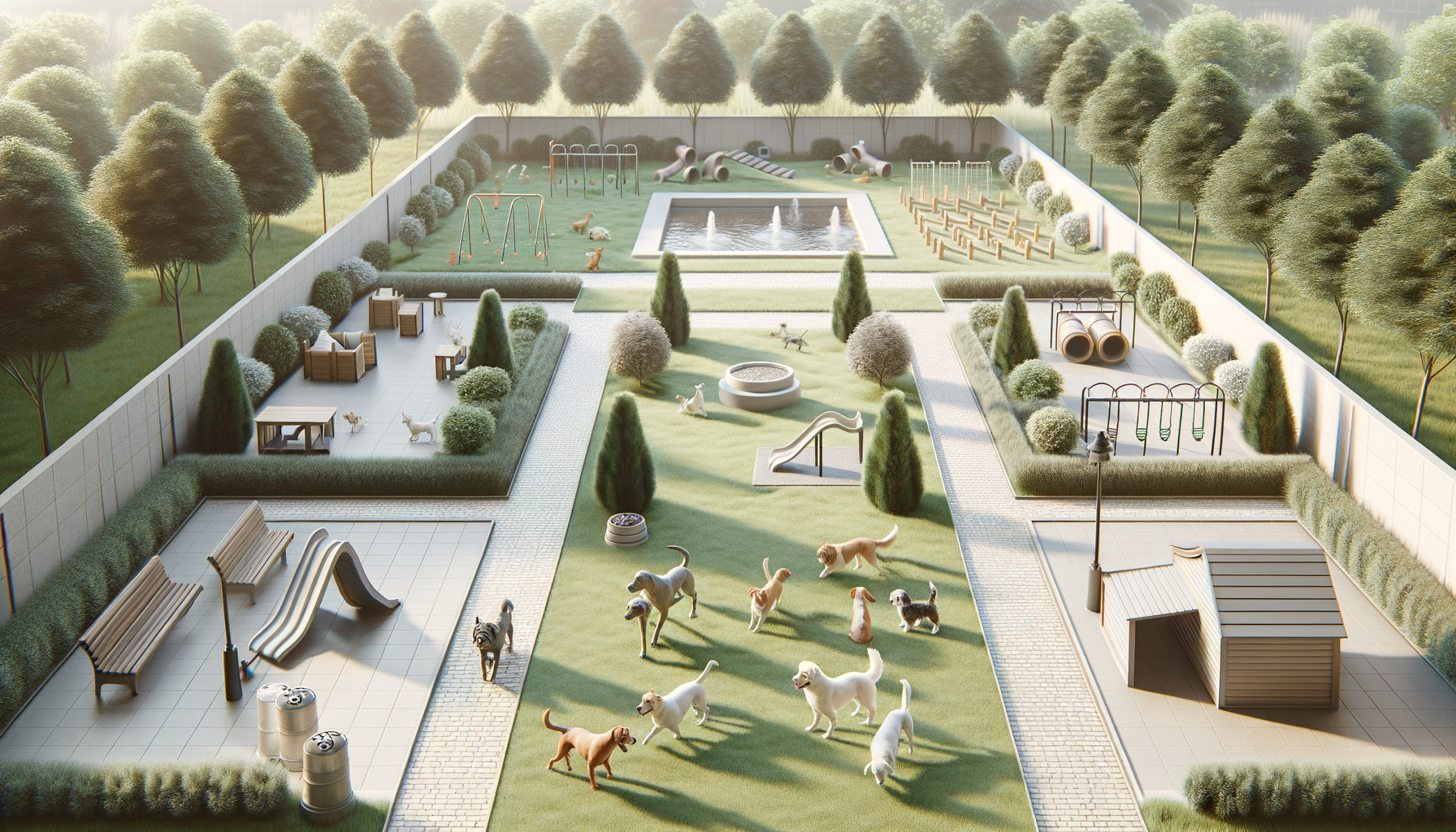 Dog park with multiple fenced areas, playground equipment, water fountain, benches, trees, and dogs playing and resting.