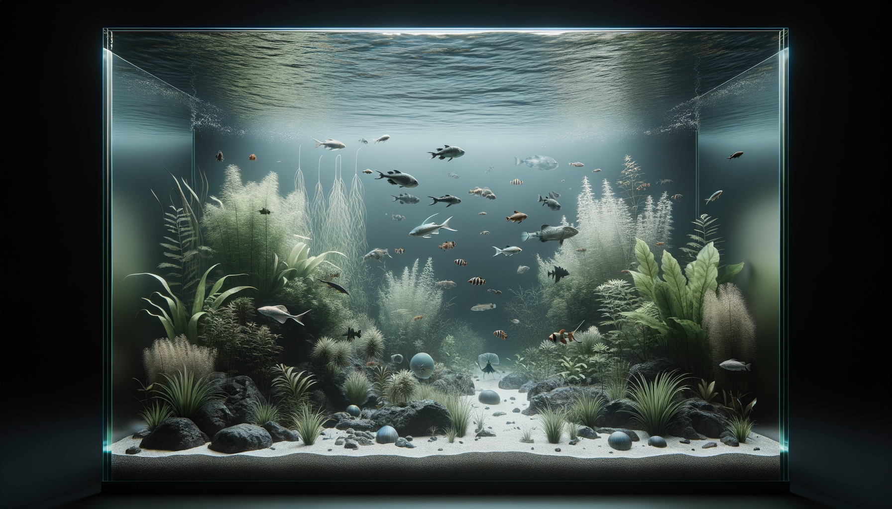 Aquarium with various fish, aquatic plants, rocks, and sand at the bottom.