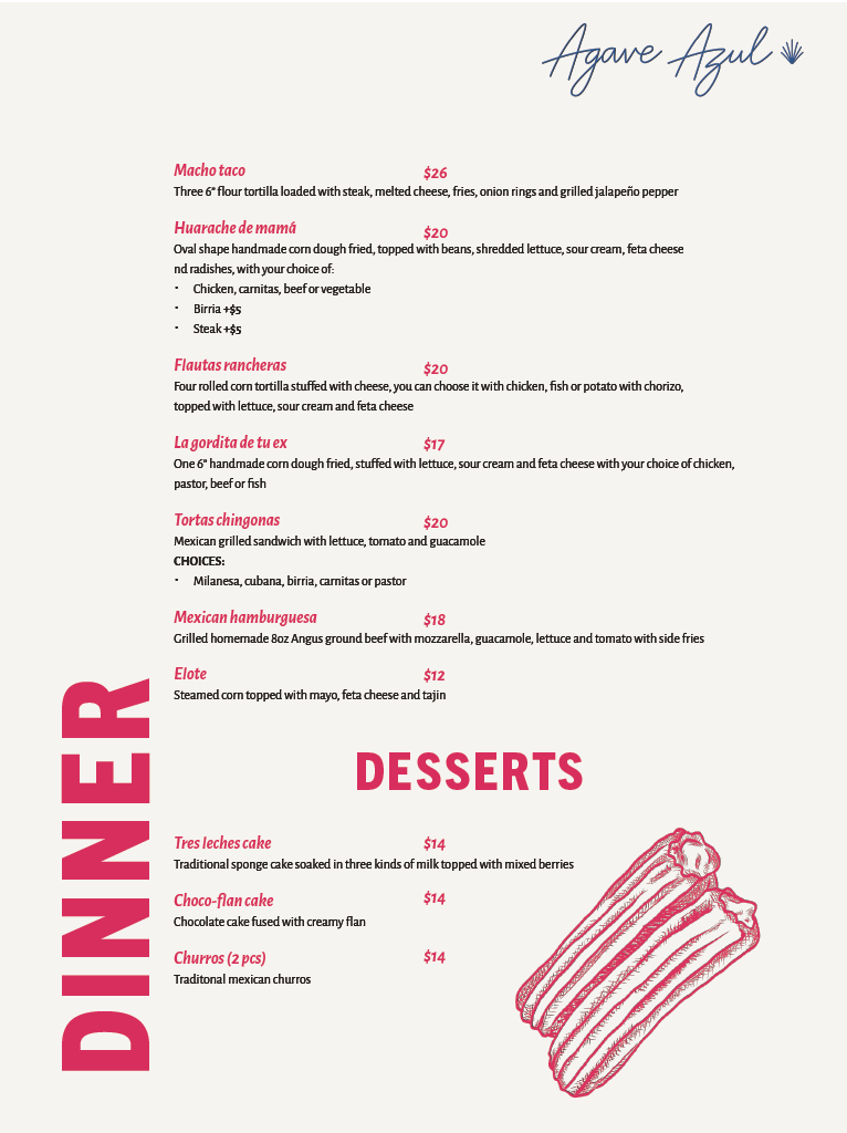 Menu from Agave Azul restaurant listing appetizers and desserts with prices, including Macho taco, Huarache de mamá, Flautas rancheras, La gordita de tu ex, Tortas chingonas, Mexican hamburguesa, Elote, Tres leches cake, Choco-flan cake, churros, and a drawing of churros.