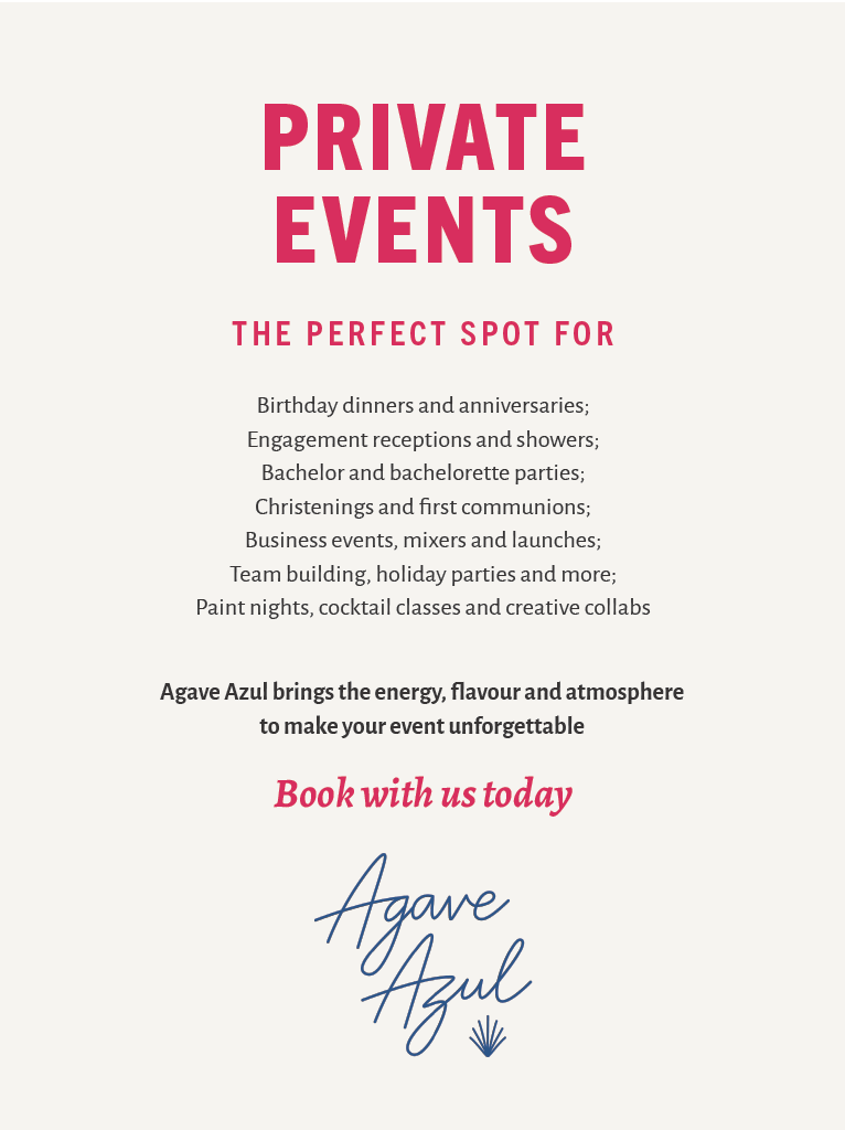 Text advertising private event services with details on types of events and call to action to book.