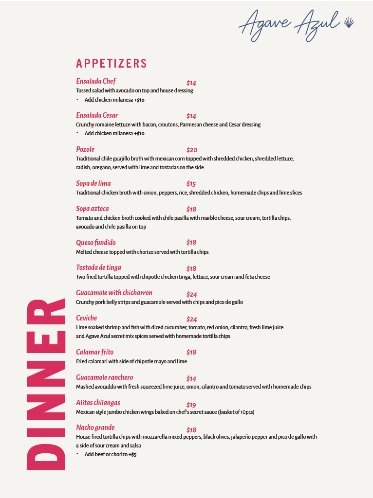 Menu showing appetizer options at Agave Azul, including dishes like Ensalada Chef, Ensalada Cesar, Pozole, Sopa de lima, Sopa azteca, Queso fundido, Tostada de tinga, Guacamole with chicharron, Ceviche, Calamar frito, Guacamole ranchero, Alitas chilangas, and Nacho grande, with various prices and descriptions.