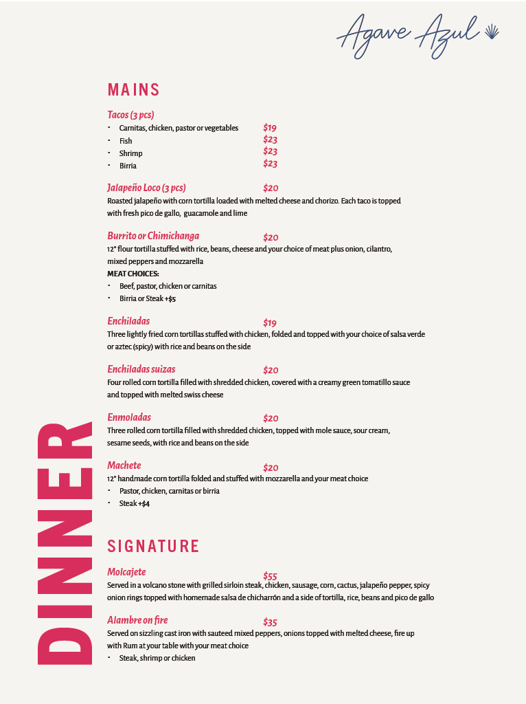 Menu from Agave Azul restaurant featuring a list of dishes including tacos, jalapeño loco, burrito or chimichanga, enchiladas, enchiladas suizas, enmoladas, machete, and signature dishes like molcajete and alambre on fire, with prices.
