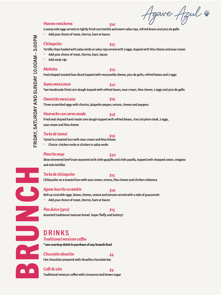 Menu from Agave Azul restaurant featuring breakfast and brunch dishes like huevos rancheros, chilaquiles, molletes, sopes mexicanos, omelette mexicano, huarache con carne asada, tarta de tamal, pancita soup, tarta de chilaquiles, agave burrito scramble, pan dulce, and beverages including traditional Mexican coffee, chocolate abuelita, and café de olla.