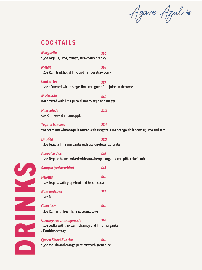 Menu featuring a list of cocktails with prices, including Margarita, Mojito, Cantaritos, Michelada, Piña Colada, Tequila Bandera, Bulldog, Acapulco Vice, Sangria, Paloma, Rum and Coke, Cuba Libre, Chamoyada or Mangonada, and Queen Street Sunrise, with a decorative logo in the top right corner reading 'Aguave Azul.'