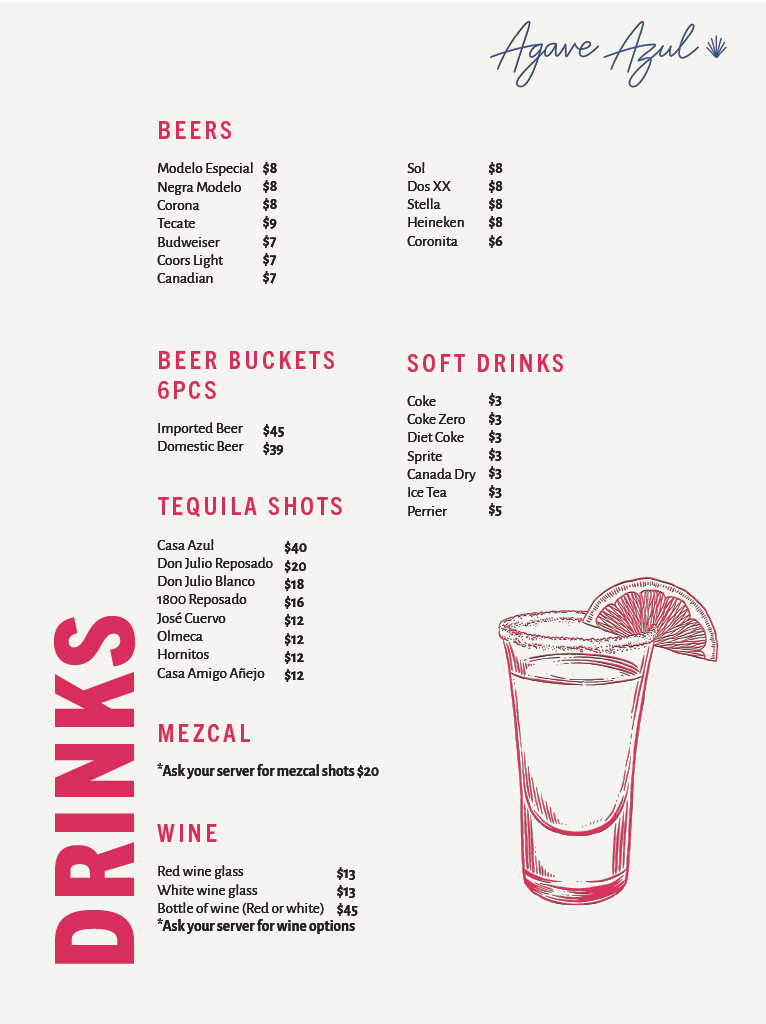 Menu from Agave Azul featuring beers, beer buckets, soft drinks, tequila shots, mezcal, and wine, with prices listed for each item.
