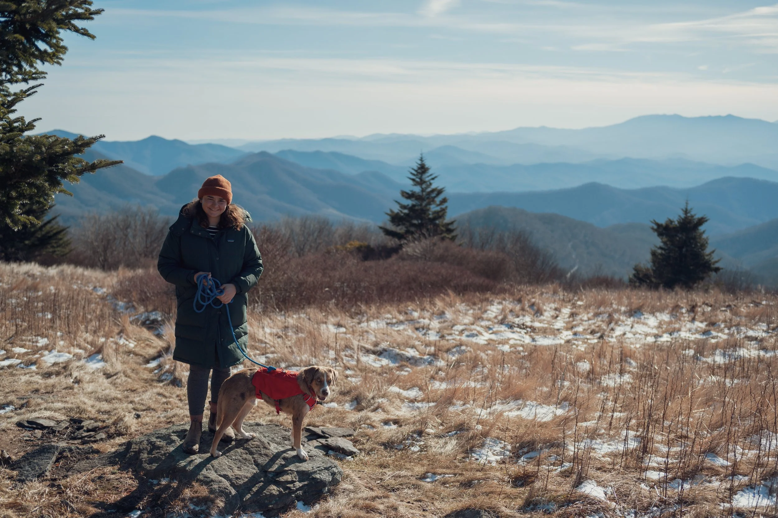 A woman with a dog on a leash in a mountainous landscape with snowy grass and trees, under a partly cloudy sky.