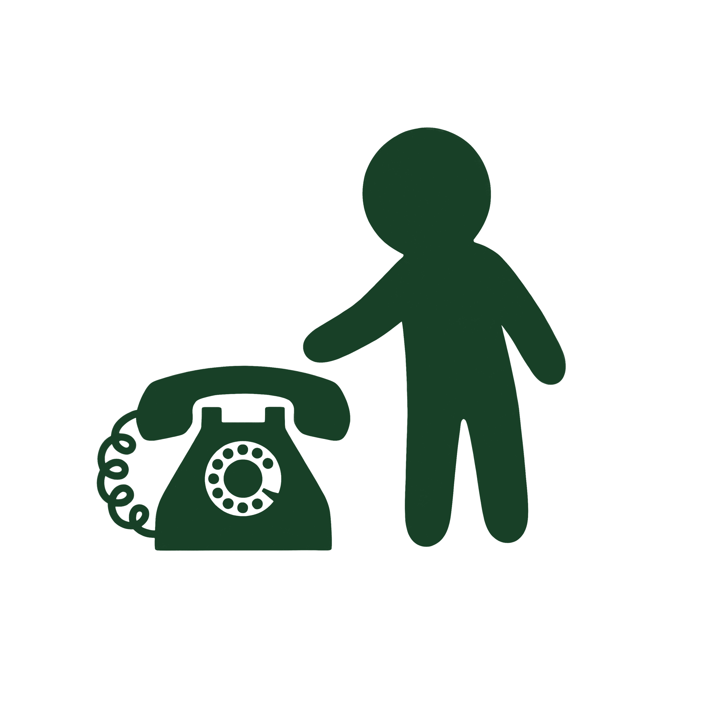 Green silhouette of a person standing next to an old-fashioned rotary phone, holding the phone's receiver.