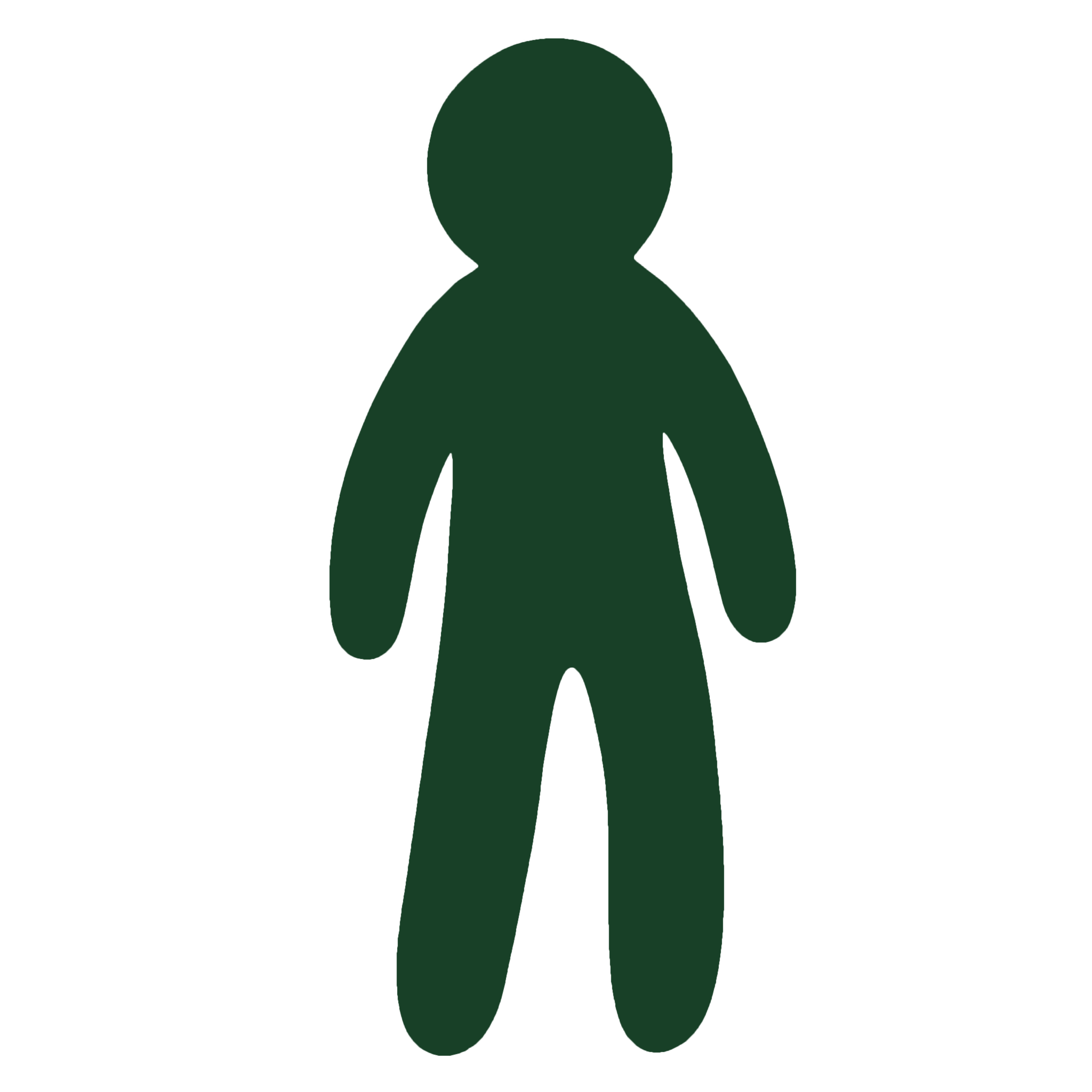 Simple dark green silhouette of a human figure standing upright with arms slightly apart against a plain background.