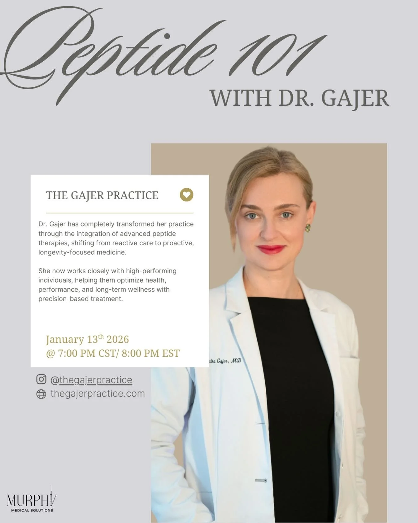 Join Dr. Gajer on January 13th for an exclusive deep dive into peptides, performance optimization, and longevity strategies. Whether you&rsquo;re looking to elevate your health, energy, or recovery, this webinar is for you!

💡 Don&rsquo;t miss out &