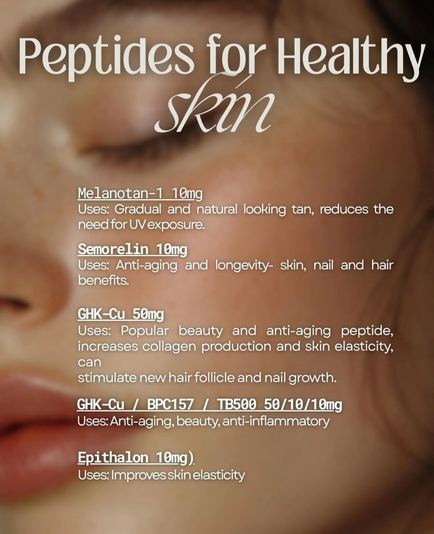 Glow starts at the cellular level ✨

From collagen support to skin elasticity and overall radiance, these peptides are designed to support healthy, youthful-looking skin from the inside out.

💉 Melanotan-1
💉 Sermorelin
💉 GHK-Cu
💉 GHK-Cu / BPC-157