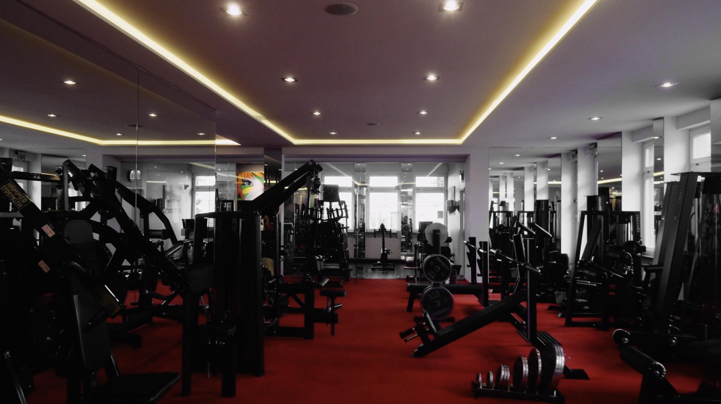 Empty gym with workout equipment, mirrored walls, and a red carpeted floor, illuminated by ceiling lights and natural light from windows.