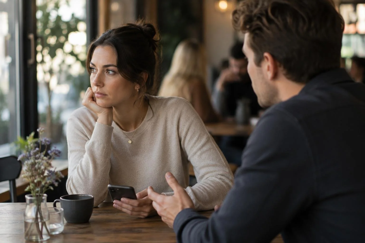 Man and woman at a coffee shop. Man trying to talk to woman, while woman stares out the window