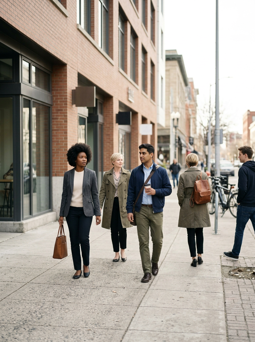 A city block of professionals walking to various destinations