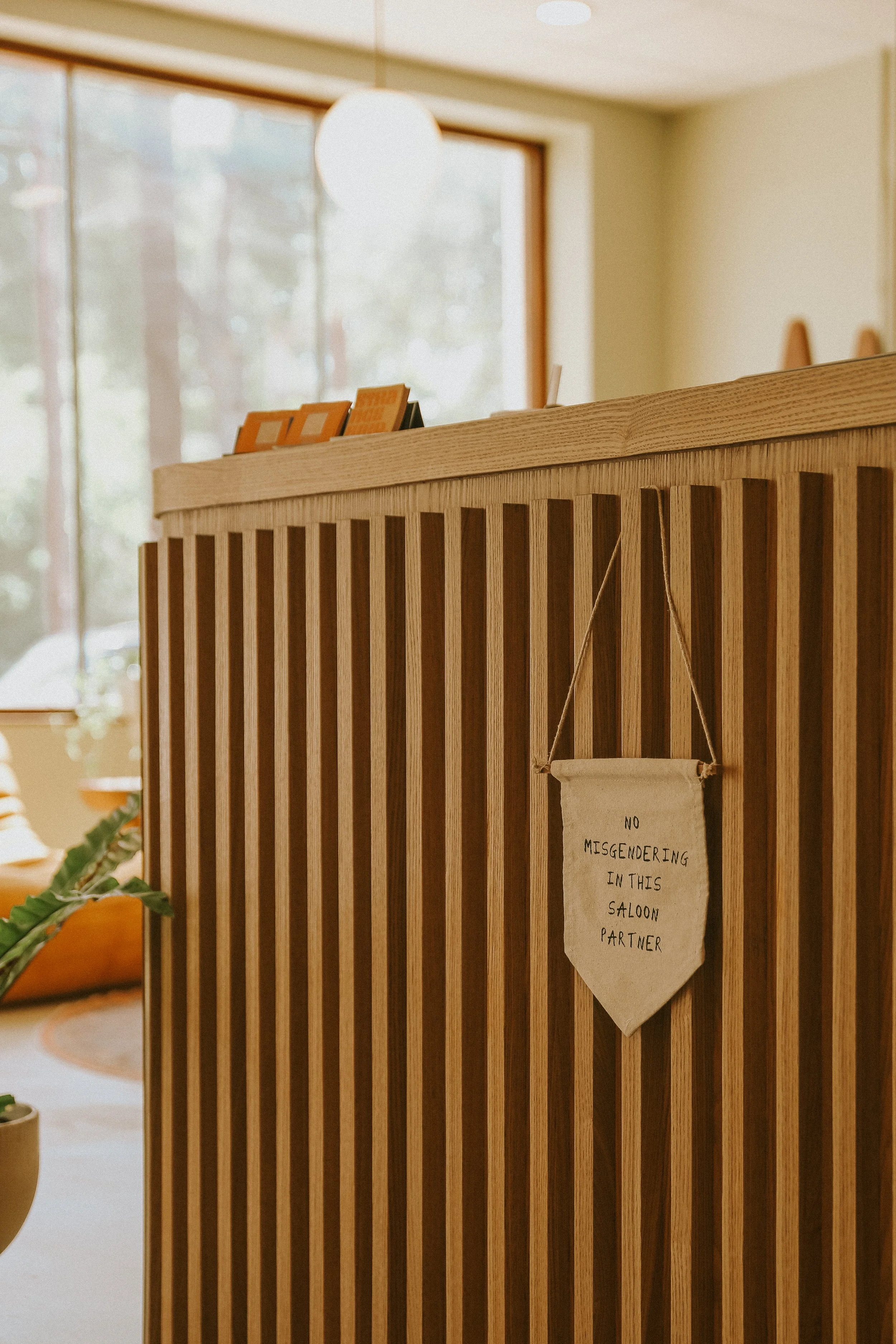 Edit a sign in Strange Bird Salon that says "No misgendering in this saloon, partner."