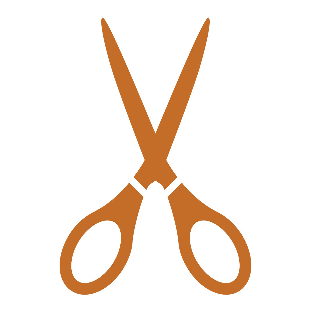 Illustration of brown scissors with black handles on a black background.