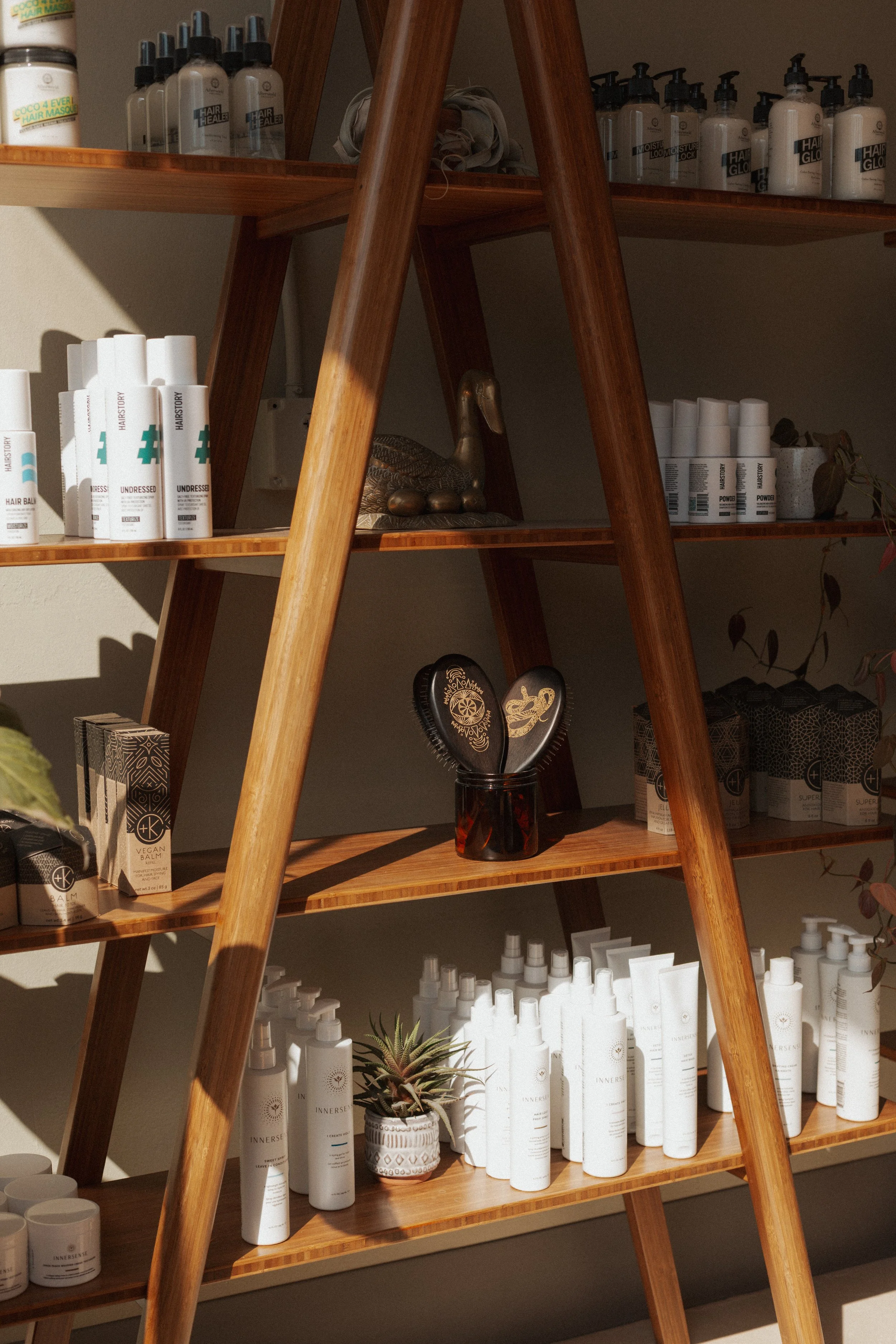 Wooden shelf with various branded hair care products, a small potted succulent, a decorative sculpture, and a jar with black utensils, with sunlight casting shadows.