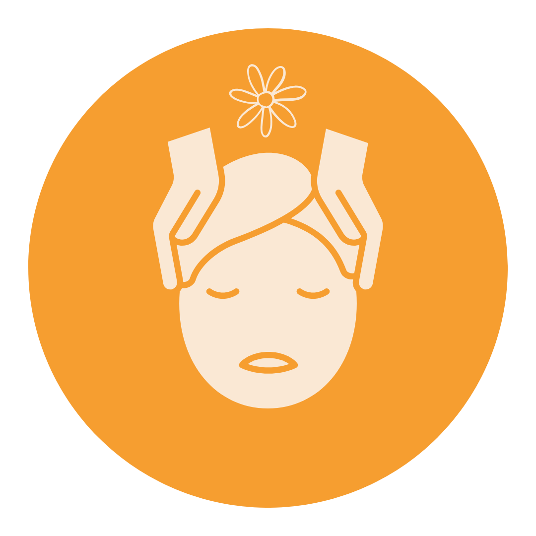 Illustration of a person receiving a head massage with hands on their forehead, a flower above, and an orange background.