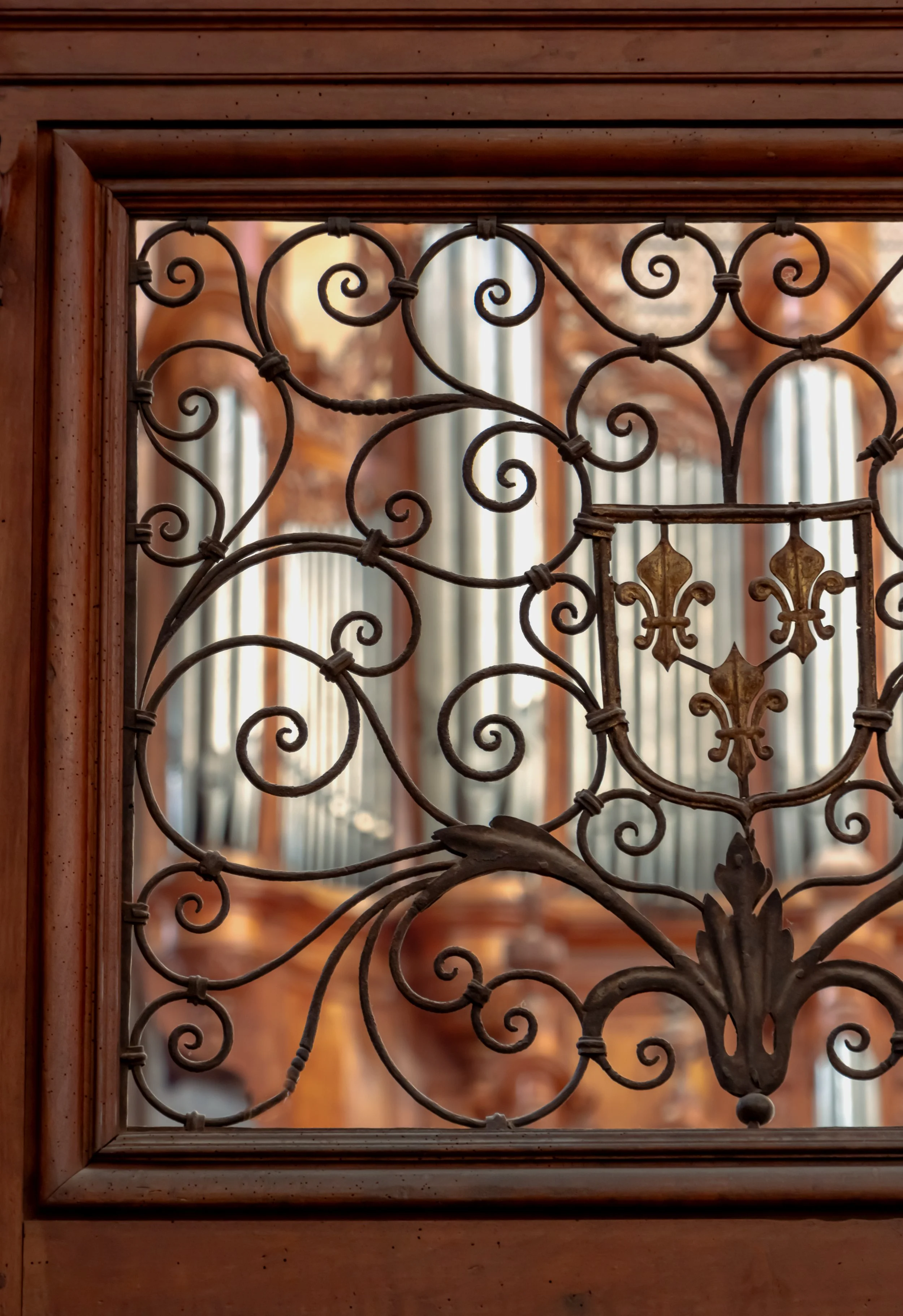 Détails d'une grille en fer forgé avec motifs floraux et ornementaux, fixée dans un cadre en bois, avec une église ou un bâtiment en arrière-plan.