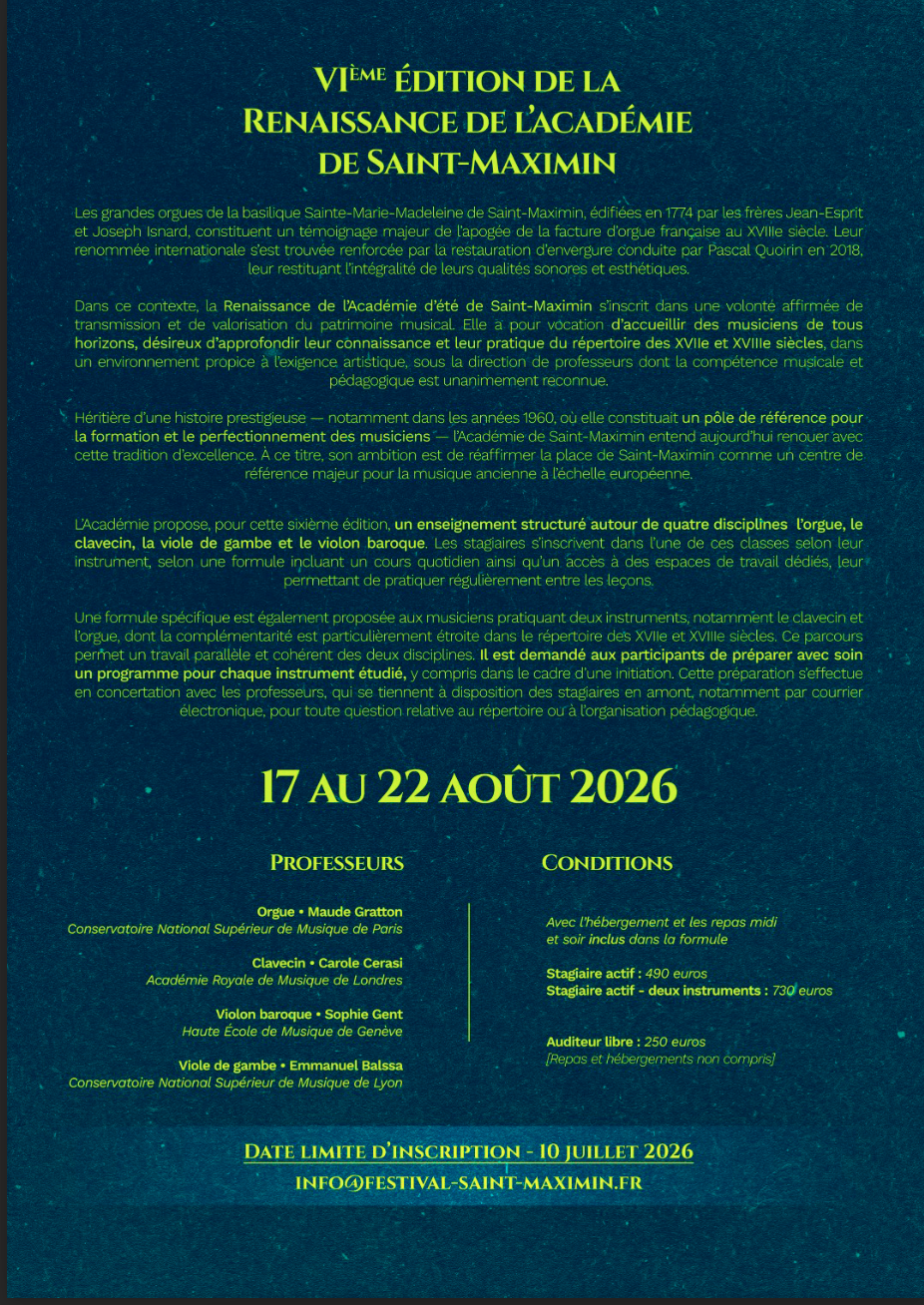Affiche annonçant la VIe édition de la Renaissance de l'Académie de Saint-Maximin, du 17 au 22 août 2026, avec description des activités, professeurs, conditions d'inscription et date limite.