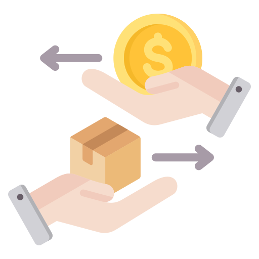 Two hands exchanging a coin and a box, with arrows indicating a transaction or exchange.