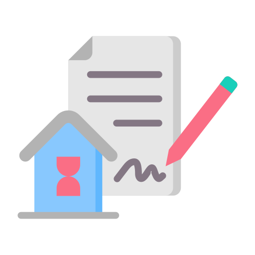 Icon of a house, a document, a pink pen signing, representing real estate or contract signing.