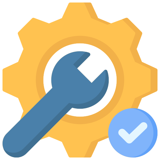 Gear with a wrench inside and a checkmark in a blue circle
