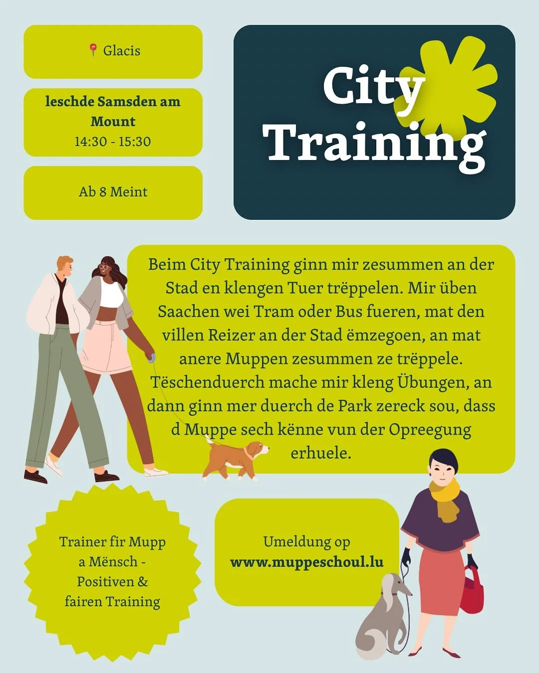 All d'Informatiounen zum City Training! 🚌

🐾 Umeldung op www.muppeschoul.lu !