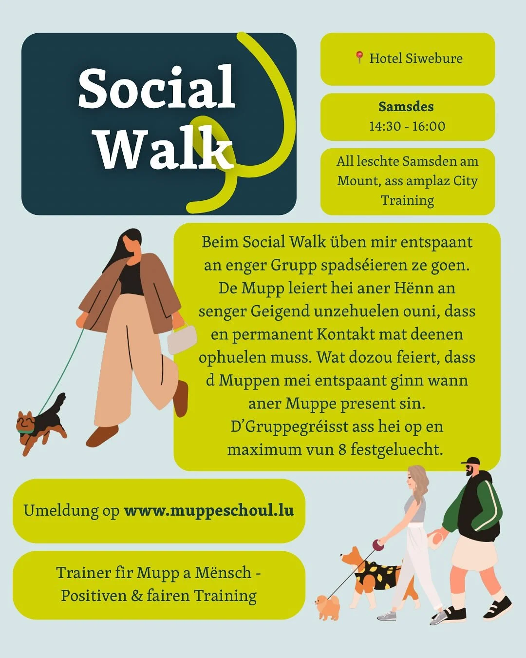 All d Informatiounen zu den Social Walks! 💚🐾

Social Walks sin flott fir all di Muppen, di sech net sou gutt mat anren verdroe an dovun profiteiren k&euml;nne ze leiren, dass een och kann am Grupp spadseire goen ouni, dass een onbedengt muss vill K
