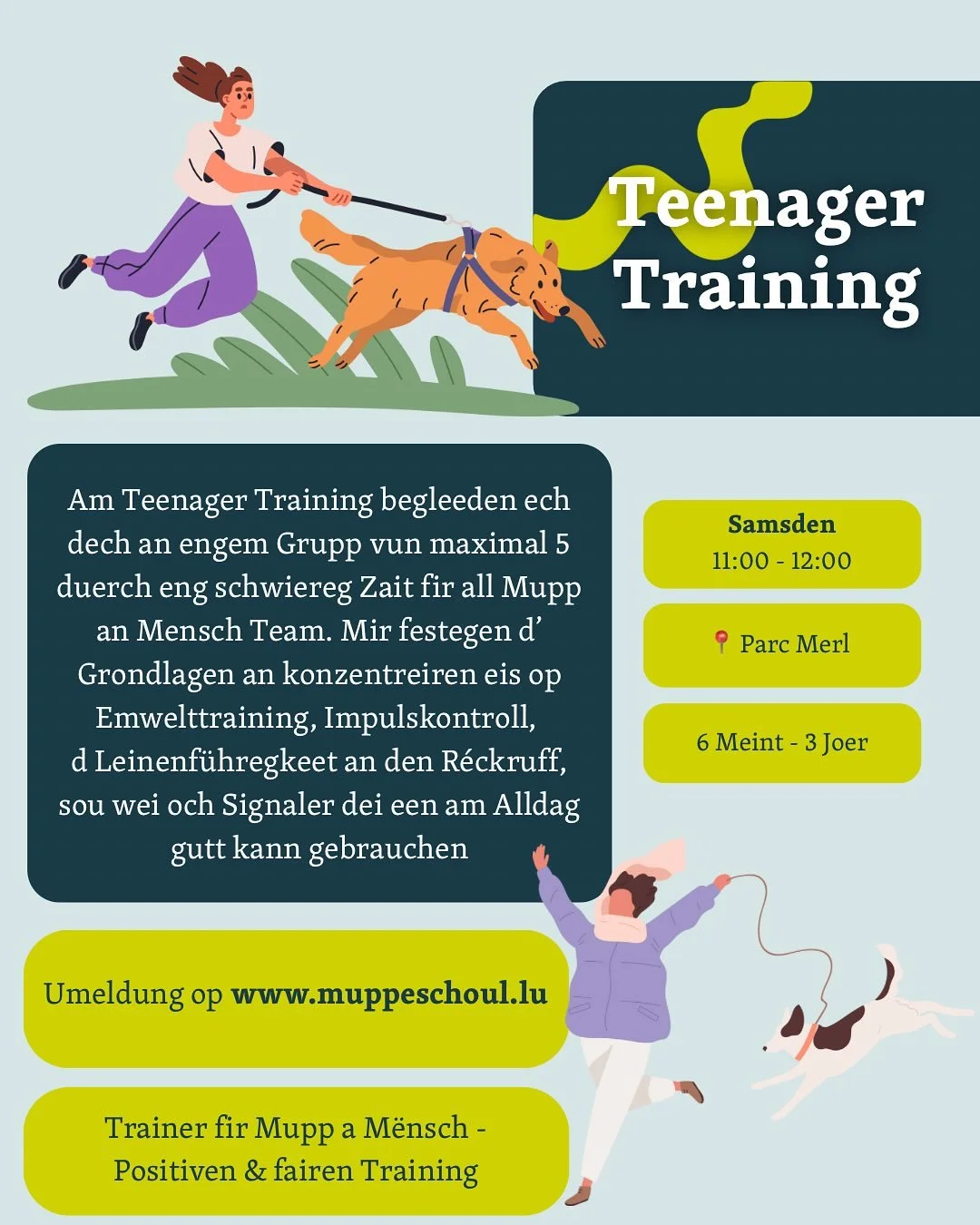 Alles d Informatiounen zum Teenager Training!

📍Parc Merl
⌚️Samsdes 11:00
🐶Ab 6 Meint - 3 Joer

🐾 Umeldung op www.muppeschoul.lu