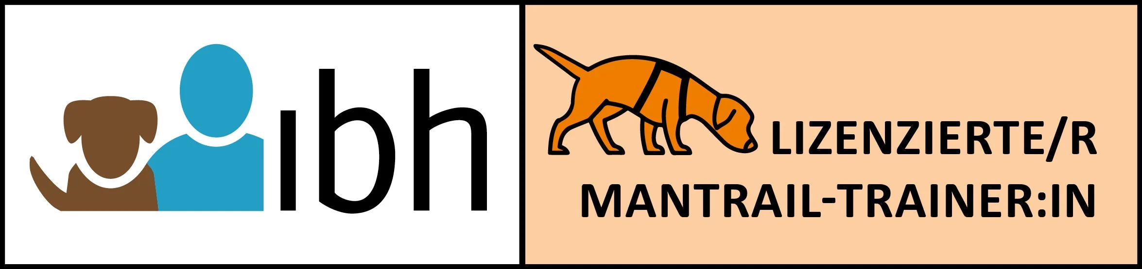 Text reading "ibh" with icons of a woman and a child, and a section with a dog illustration and text "LIZENZIERTE/R MANTRAIL-TRAINER:IN" on a peach background.
