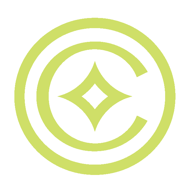 Light green circular logo with a star-like shape in the center on a black background.