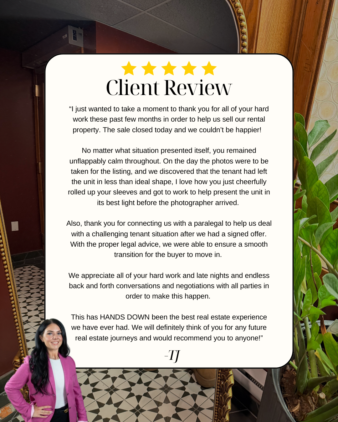 A client review letter with five stars at the top, in front of a mirror with a woman smiling in a pink blazer, in a room with patterned tile flooring, a wooden frame, plant, and wall decor.