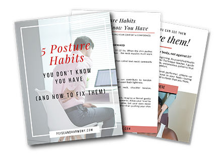 Mockup of free download pdf '5 Posture Habits You Don't Know You Have (And How to Fix Them).' The cover features an illustration of a man sitting and holding his back.