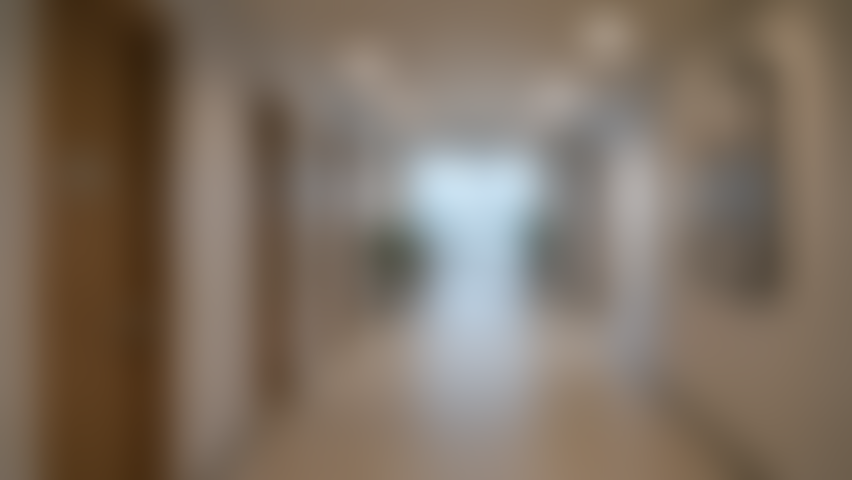Blurred view of a hallway with wooden doors and a blue light at the end.
