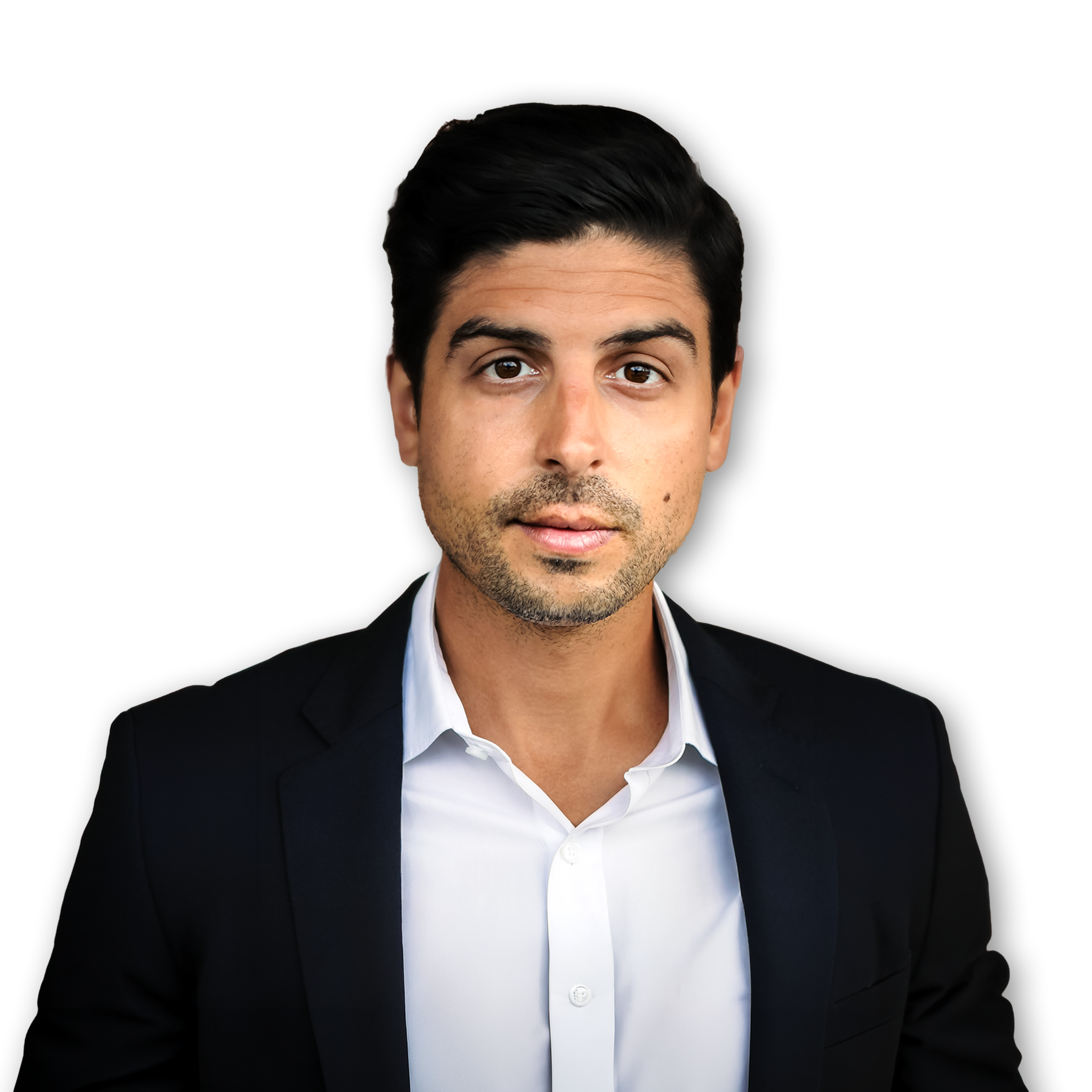 Headshot of a man with dark hair wearing a black blazer and white shirt, against a black background.