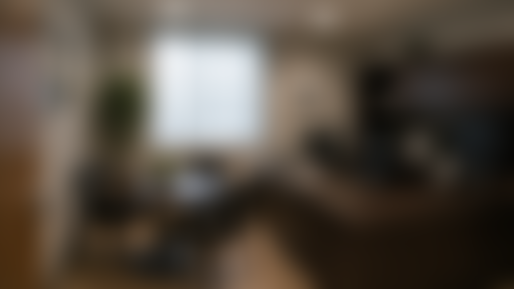 Blurred view of an indoor space with a large window, some furniture, and decorations.