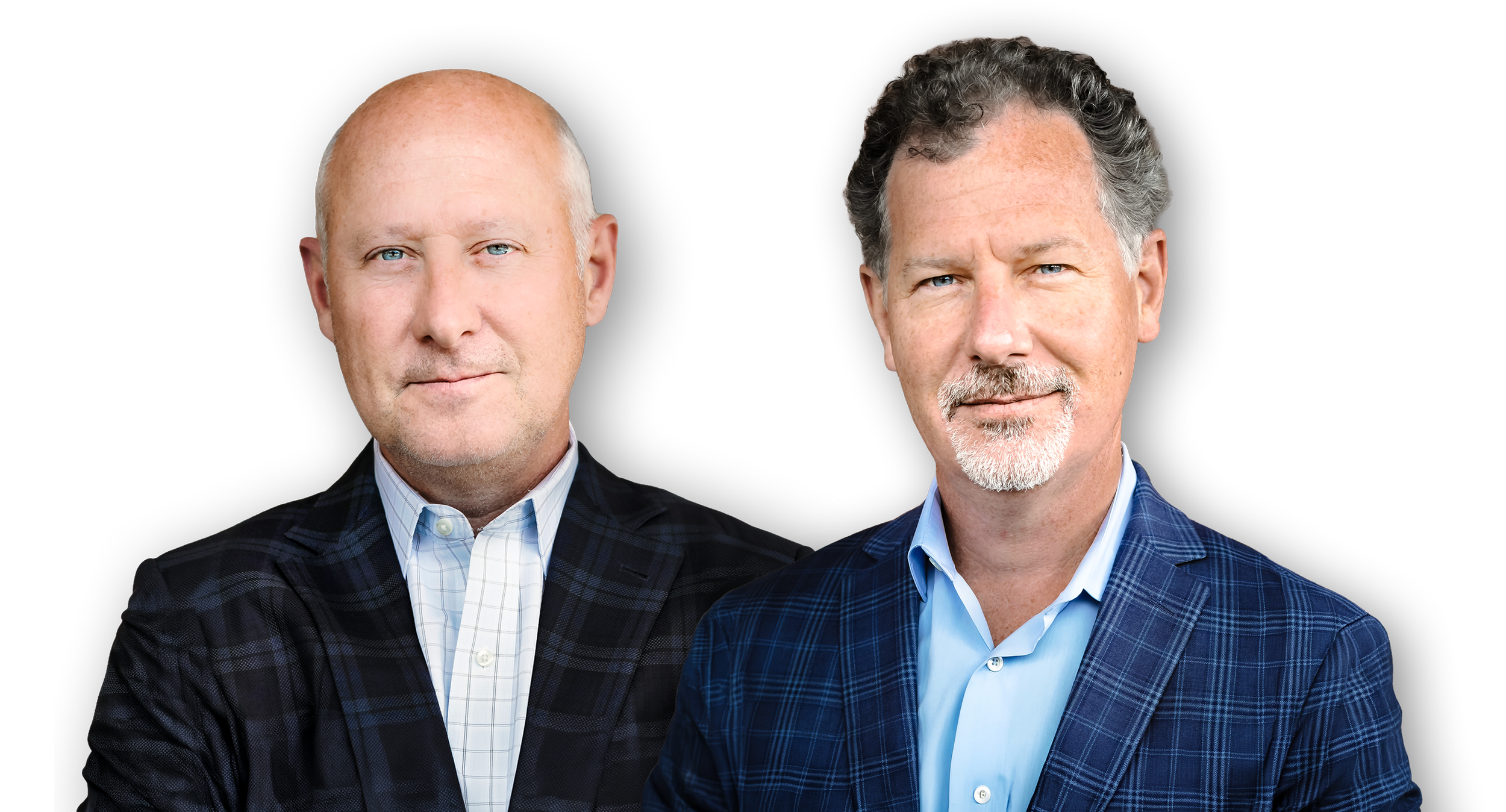 Two middle-aged men in suits posed against a black background. The man on the left has a bald head, blue eyes, and is wearing a dark checkered blazer with a collared shirt. The man on the right has wavy dark hair with gray, a beard, and is dressed in a blue checkered blazer with a collared shirt.