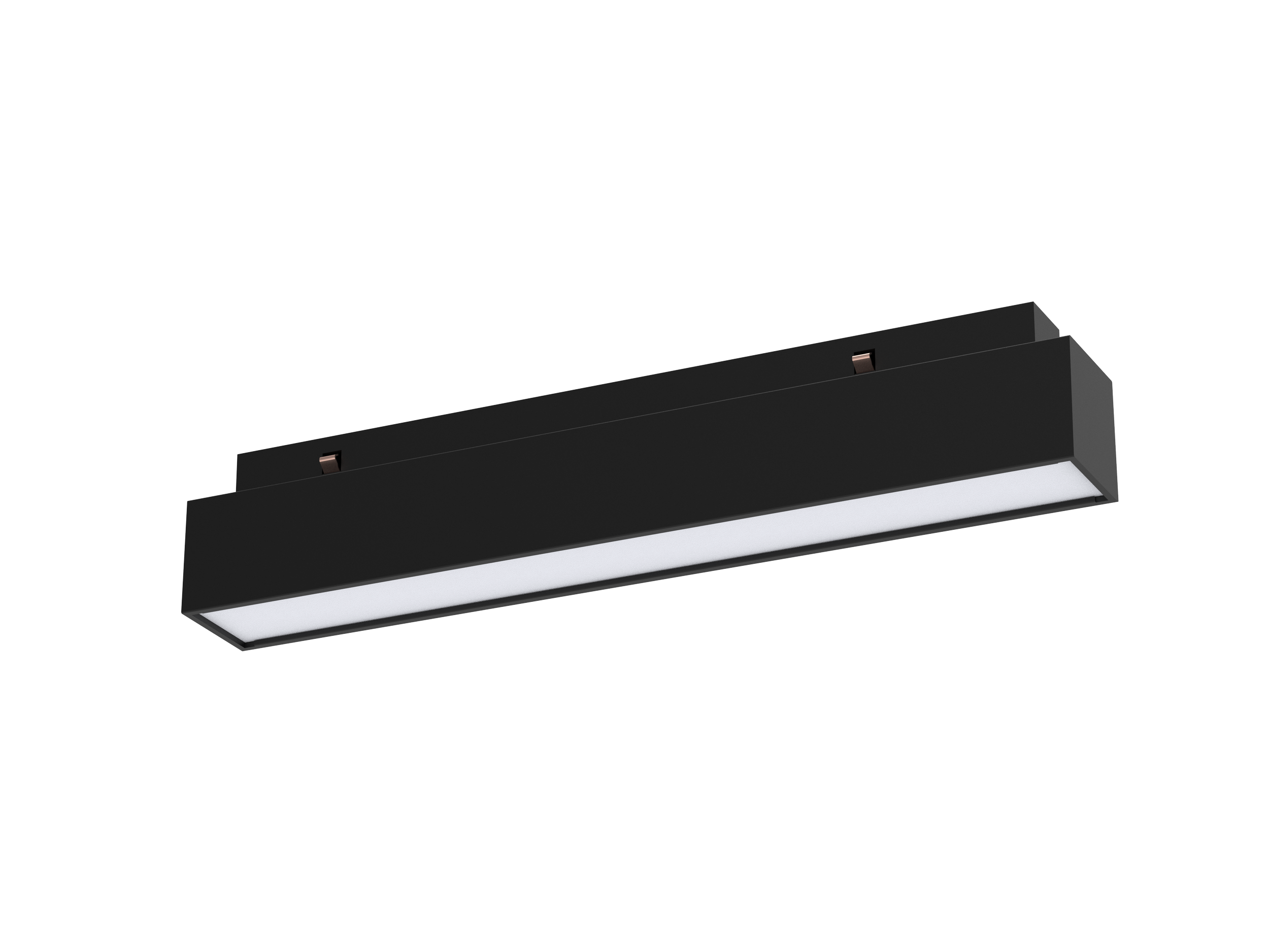 Modern black rectangular ceiling light fixture with a white diffuser against a black background.