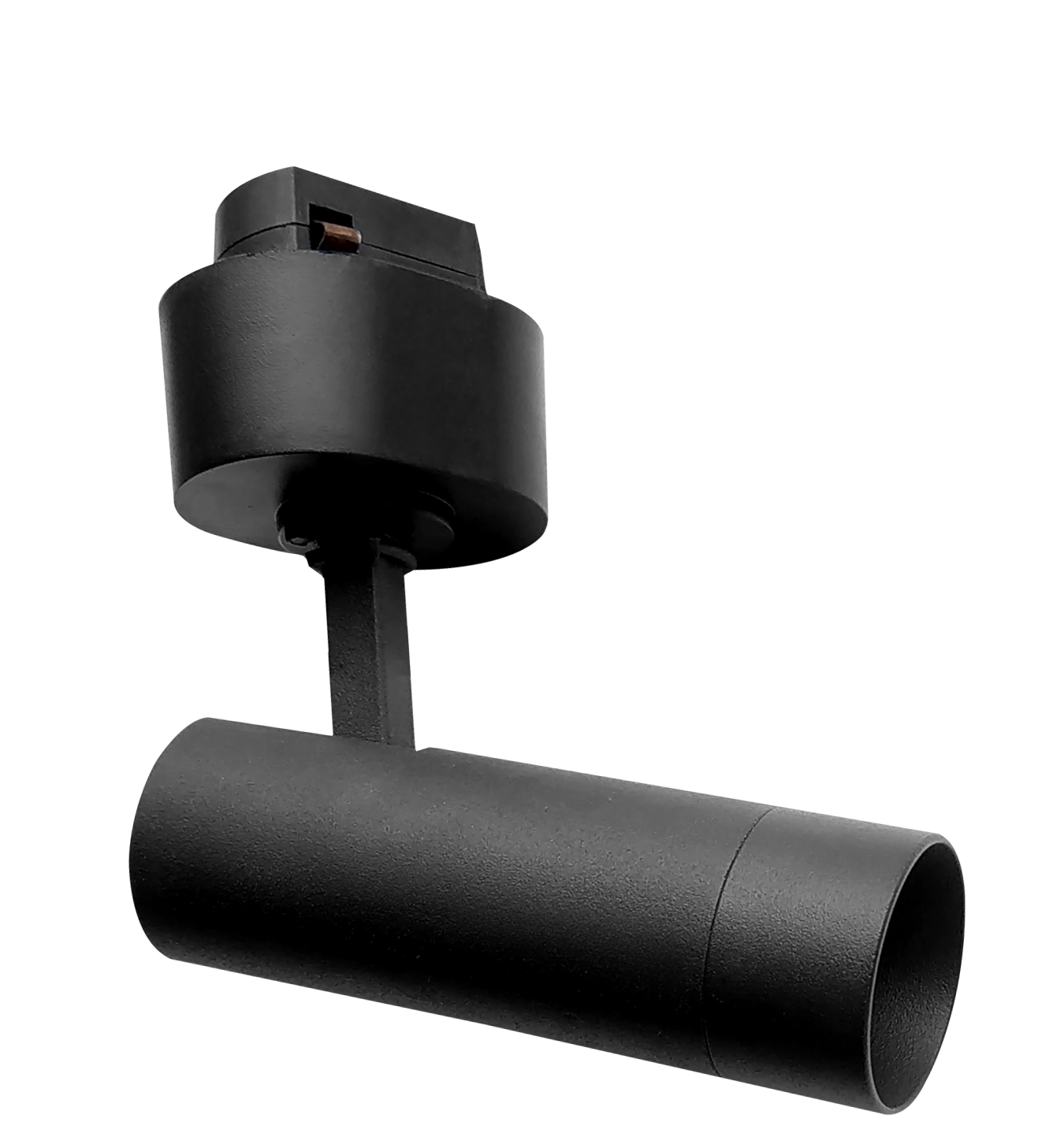 Close-up of a black cylindrical adjustable stage or spotlight with a mounting bracket at the top