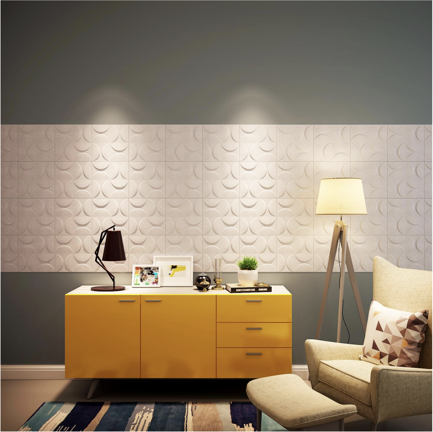 Modern living room with a yellow sideboard, decorative objects, framed pictures, a lamp, a plant, a cream armchair with a geometric pillow, and a textured wall panel with geometric patterns.