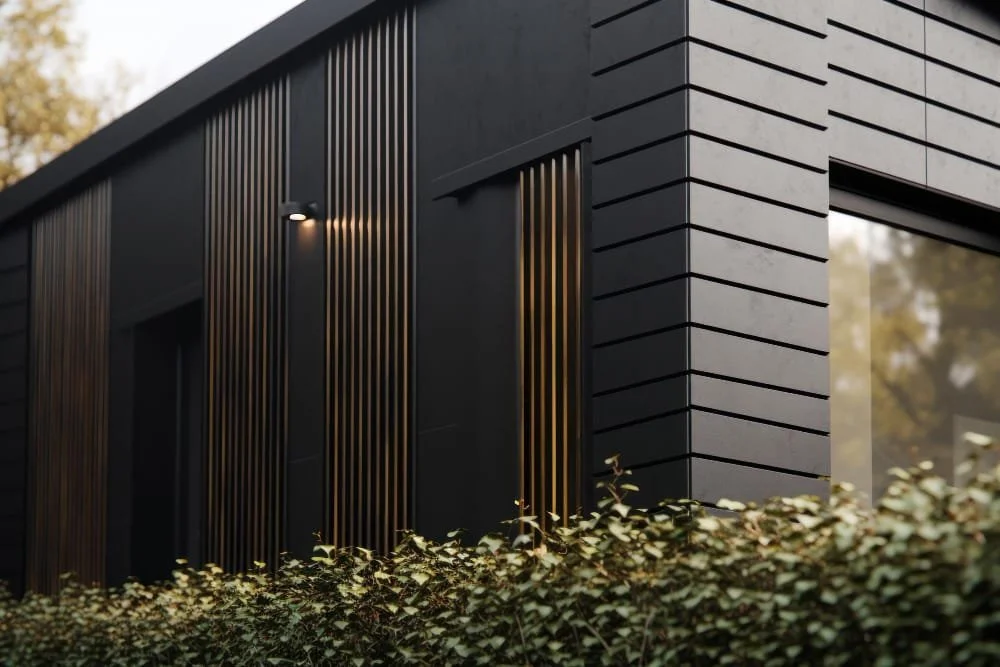 Close-up of a modern black building with vertical wooden slats and horizontal lines, with bushes in the foreground.