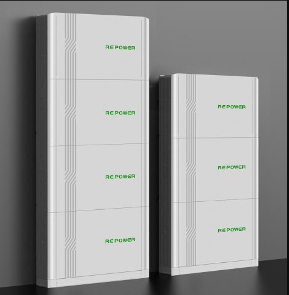 Two white electronic devices labeled 'REPOWER' are mounted on a gray wall, with the larger device on the left and the smaller on the right.