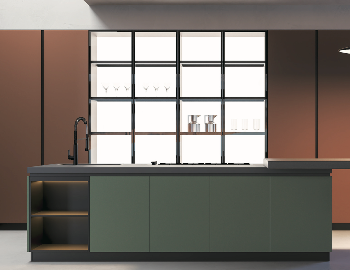 Modern kitchen with green island, black faucet, open shelf below, and glass shelves holding glasses, pitchers, and cups, against a windowed wall with brown panels.