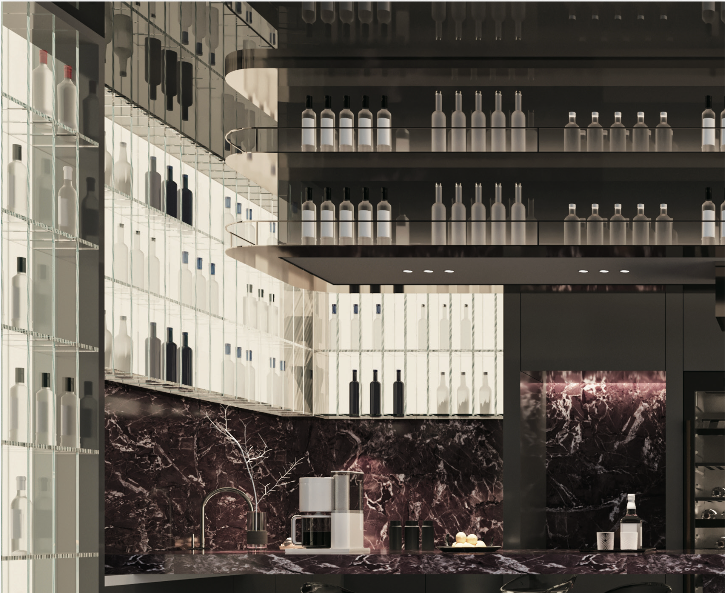Modern kitchen or bar interior with shelves of liquor bottles, a marble countertop, a coffee maker, a vase with branches, and a large window letting in natural light.
