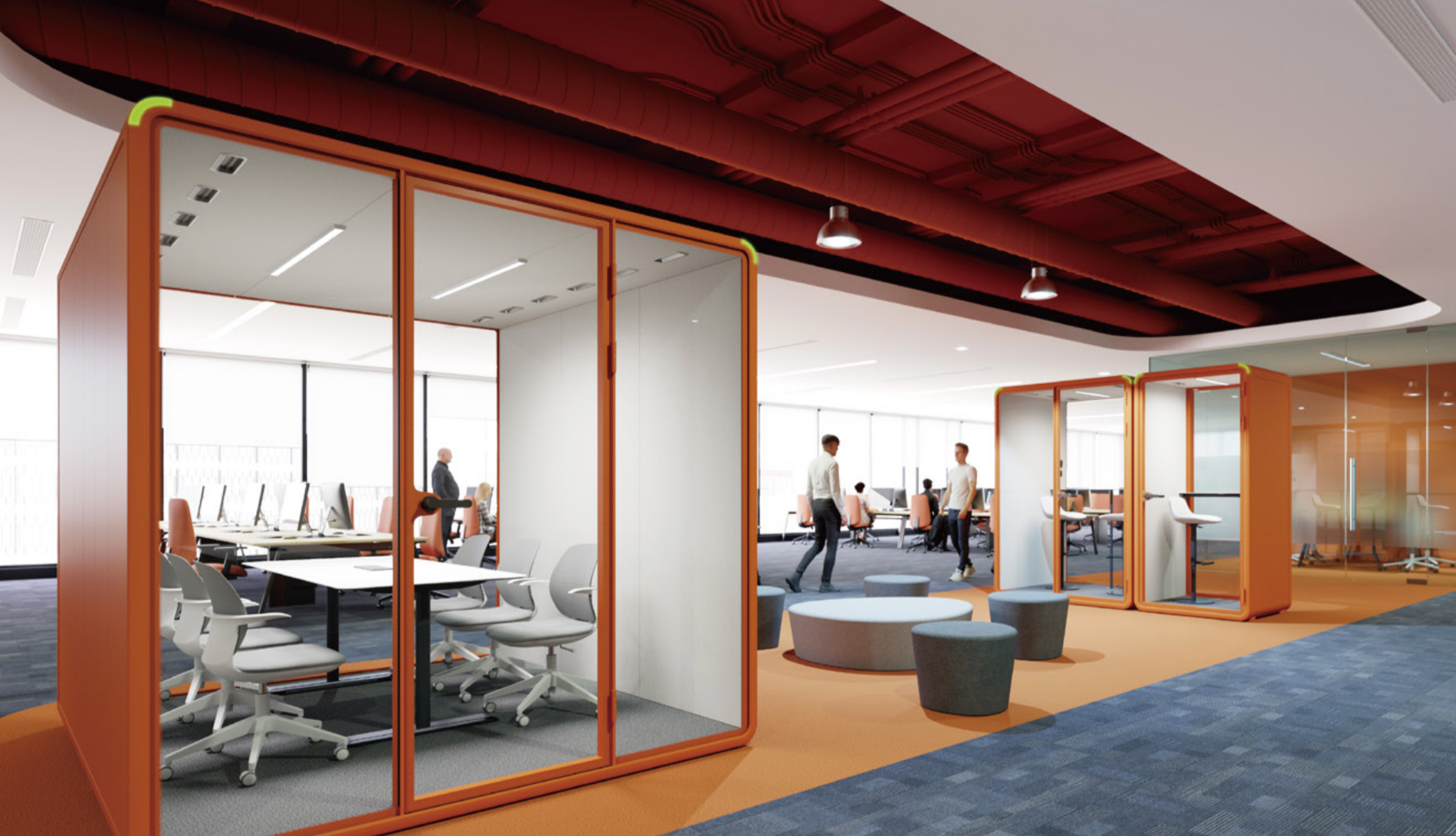 Modern open office with glass meeting pods, white chairs, gray stools, and employees working on computers.