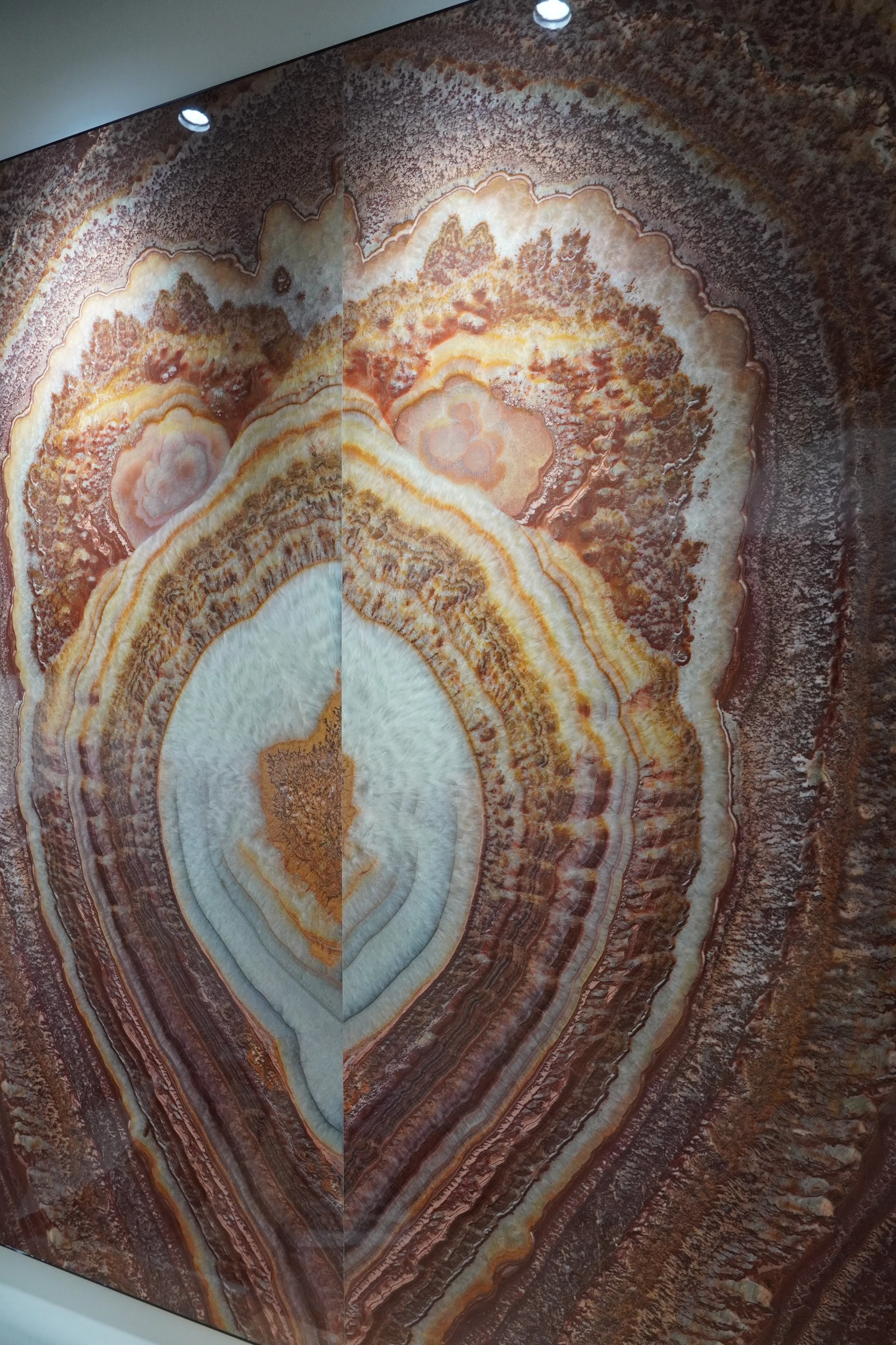 Close-up of a large, polished stone or mineral with intricate banded patterns and concentric layers in shades of brown, orange, beige, and white.